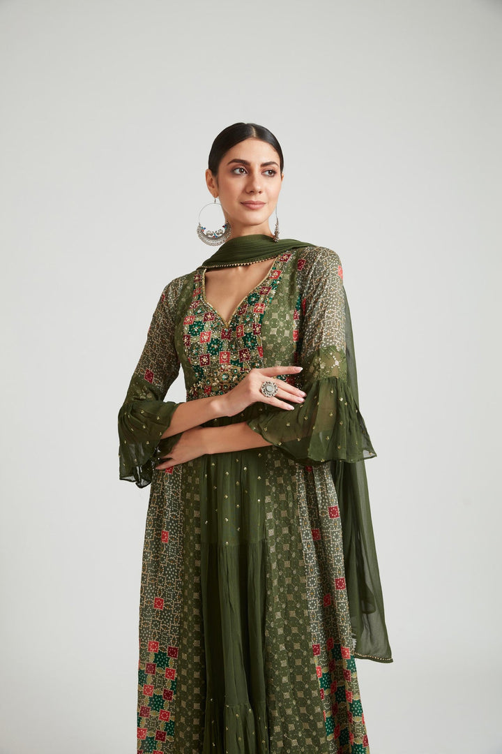 Neerus Green georgette embroidered suit set - back view