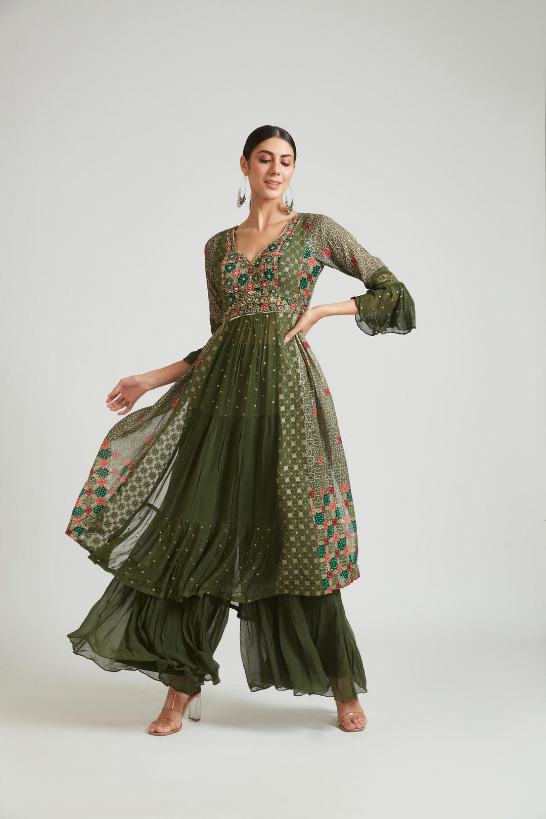 Neerus Green georgette embroidered suit set - side view