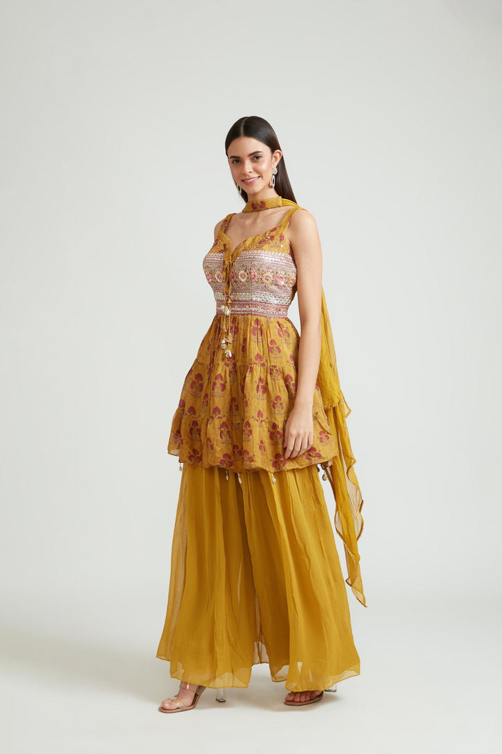 Neerus Green georgette embroidered anarkali suit set - front view
