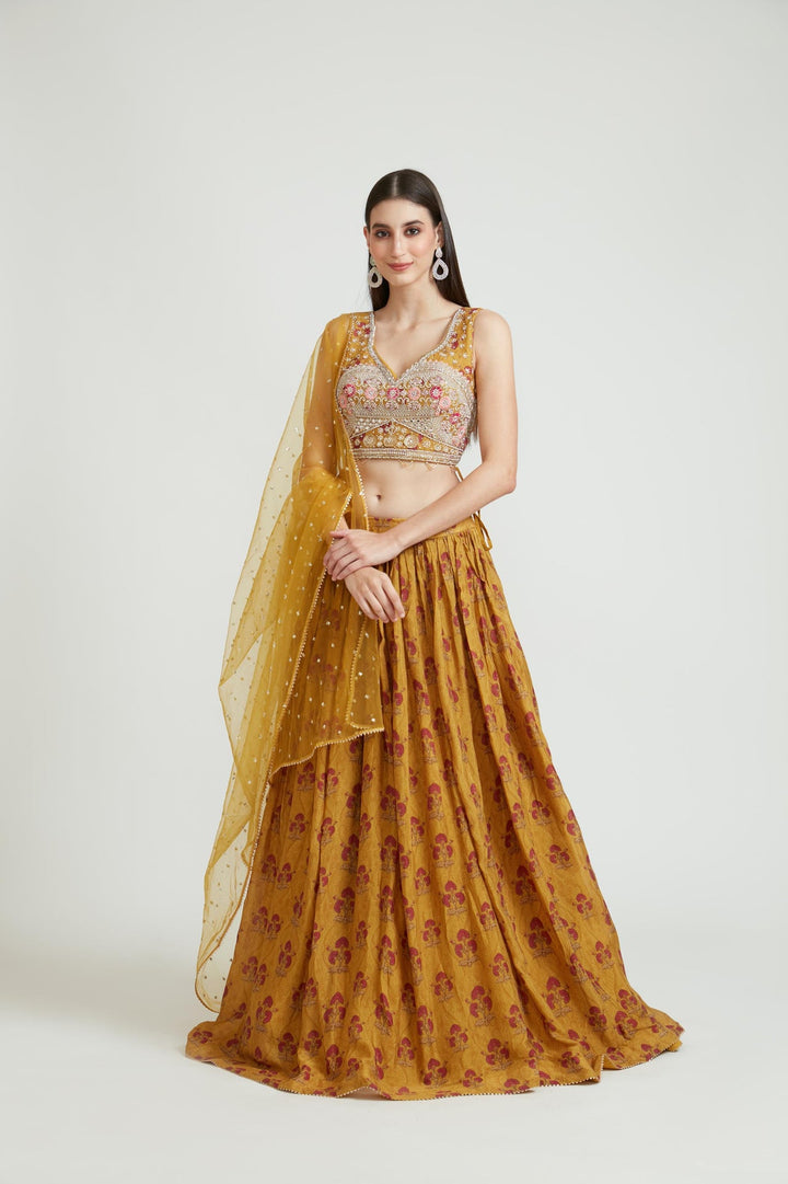 Neerus Green georgette embellished lehenga choli set - front view