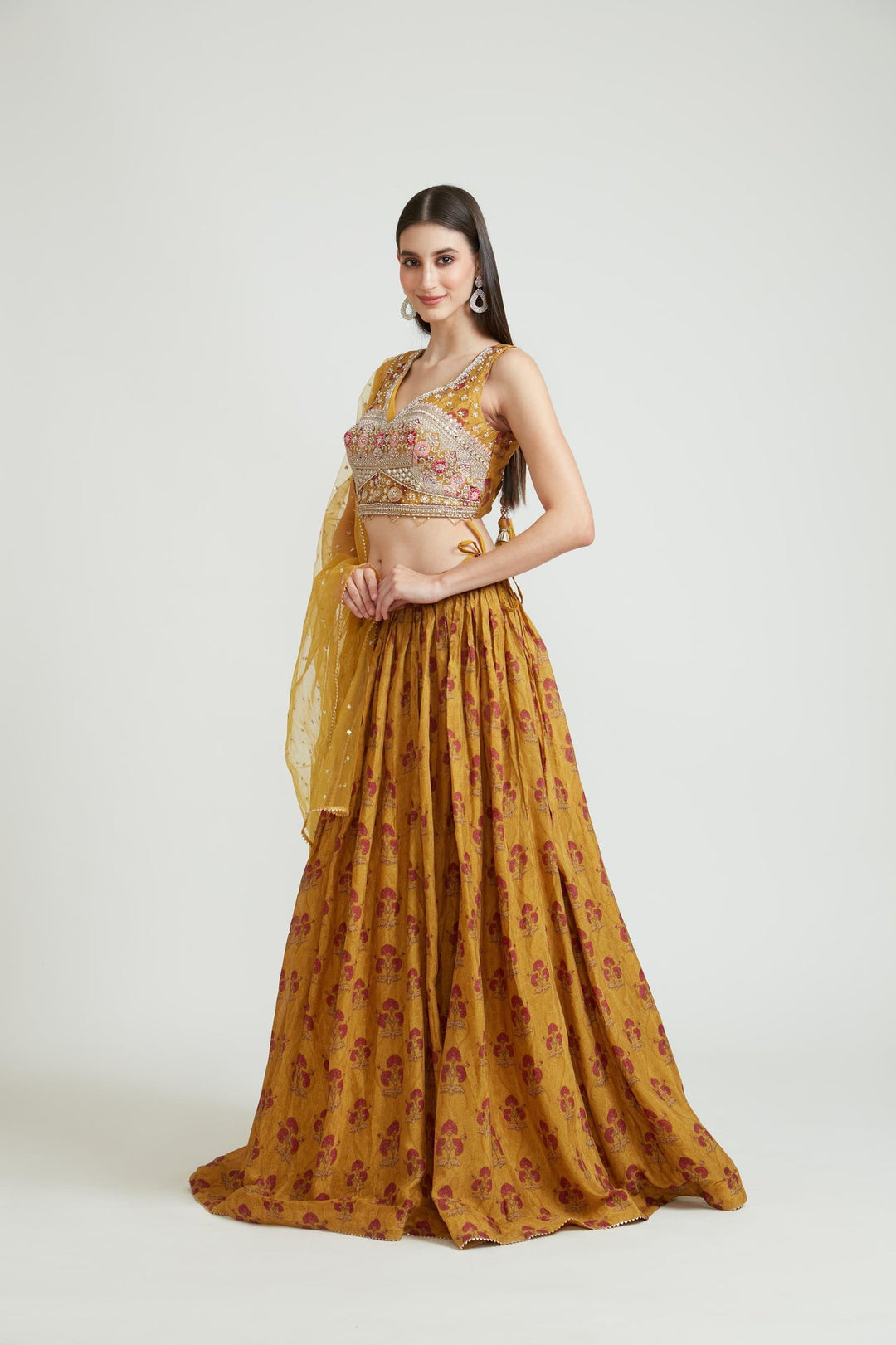 Neerus Green georgette embellished lehenga choli set - back view