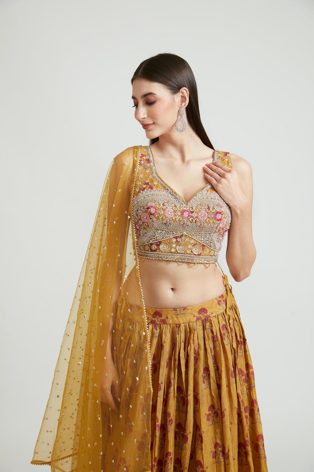 Neerus Green georgette embellished lehenga choli set - detail view 1