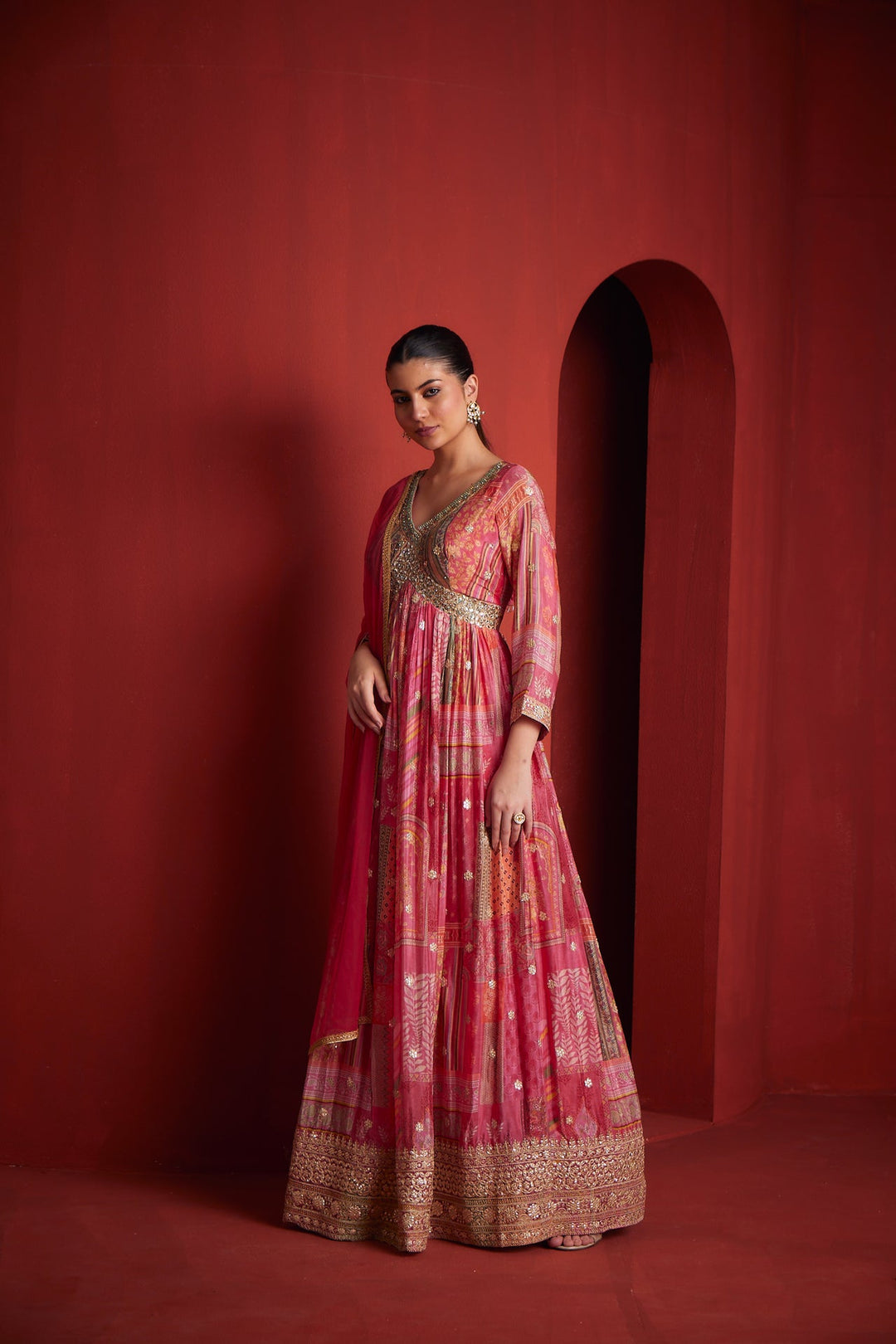 Neerus Pink chinon embroidered gown - front view