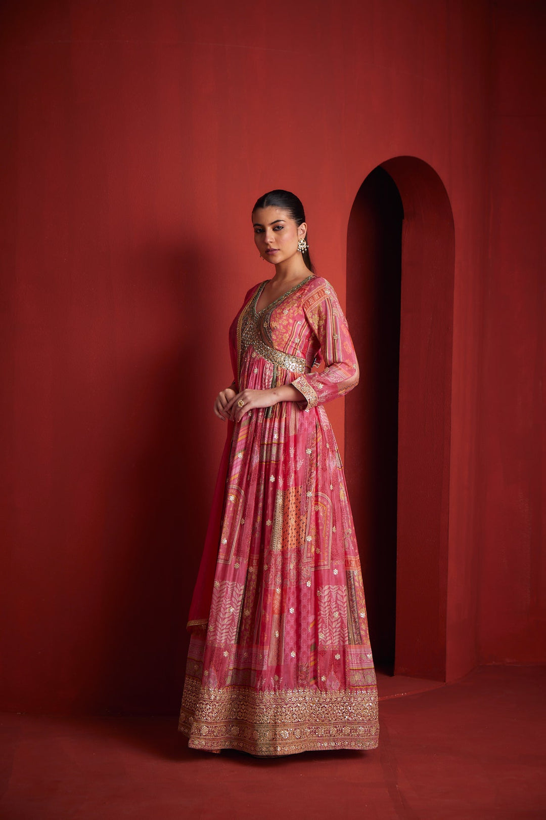 Neerus Pink chinon embroidered gown - back view