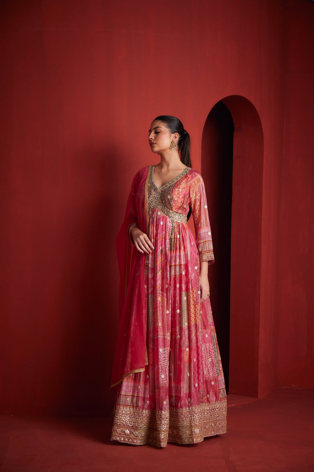 Neerus Pink chinon embroidered gown - side view