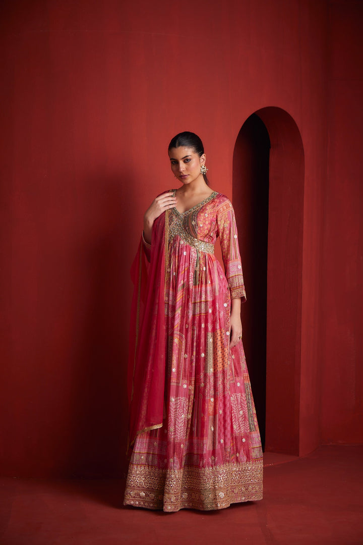 Neerus Pink chinon embroidered gown - detail view 1