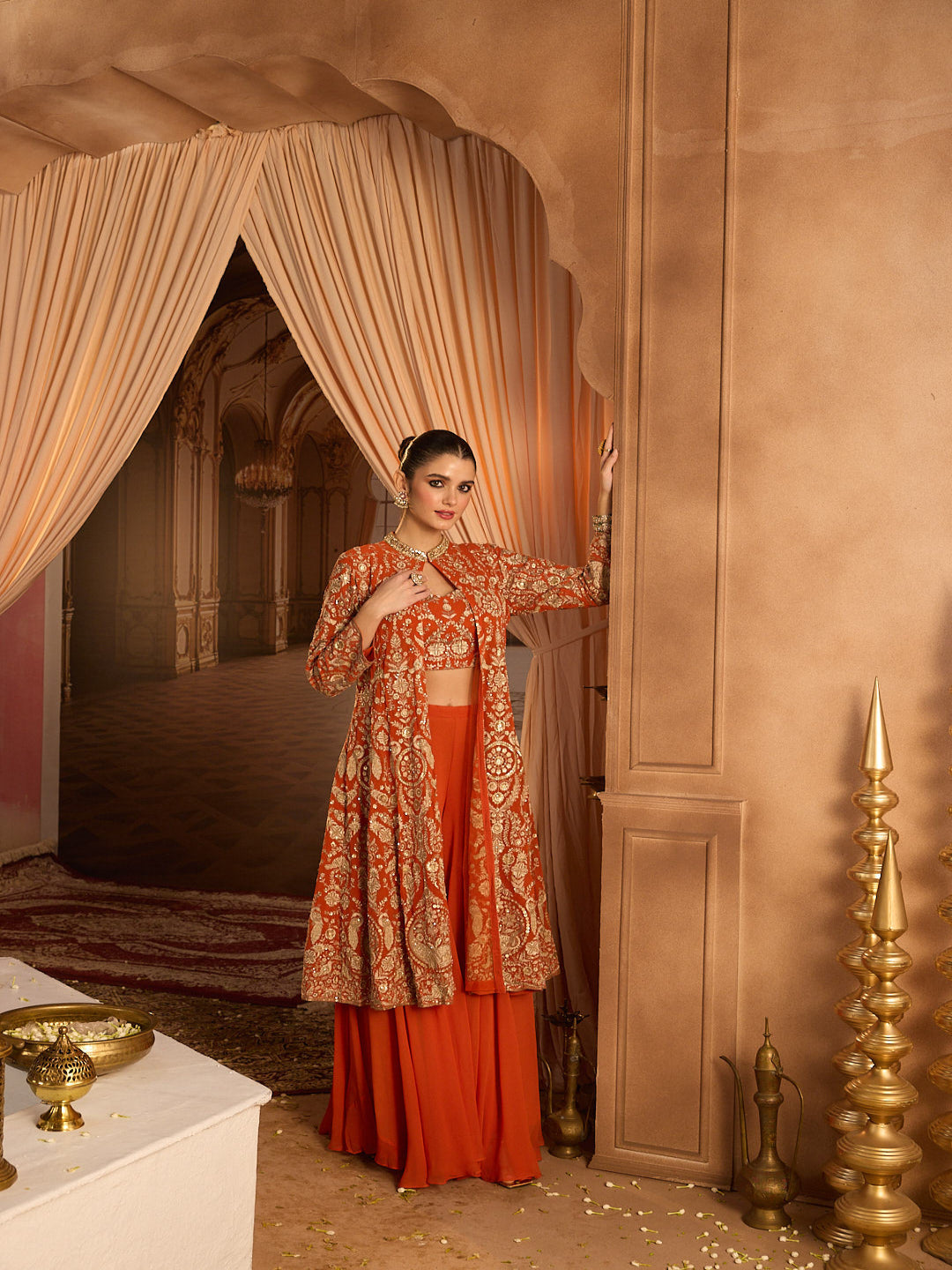 Neerus Orange georgette embroidered co-ord set - front view