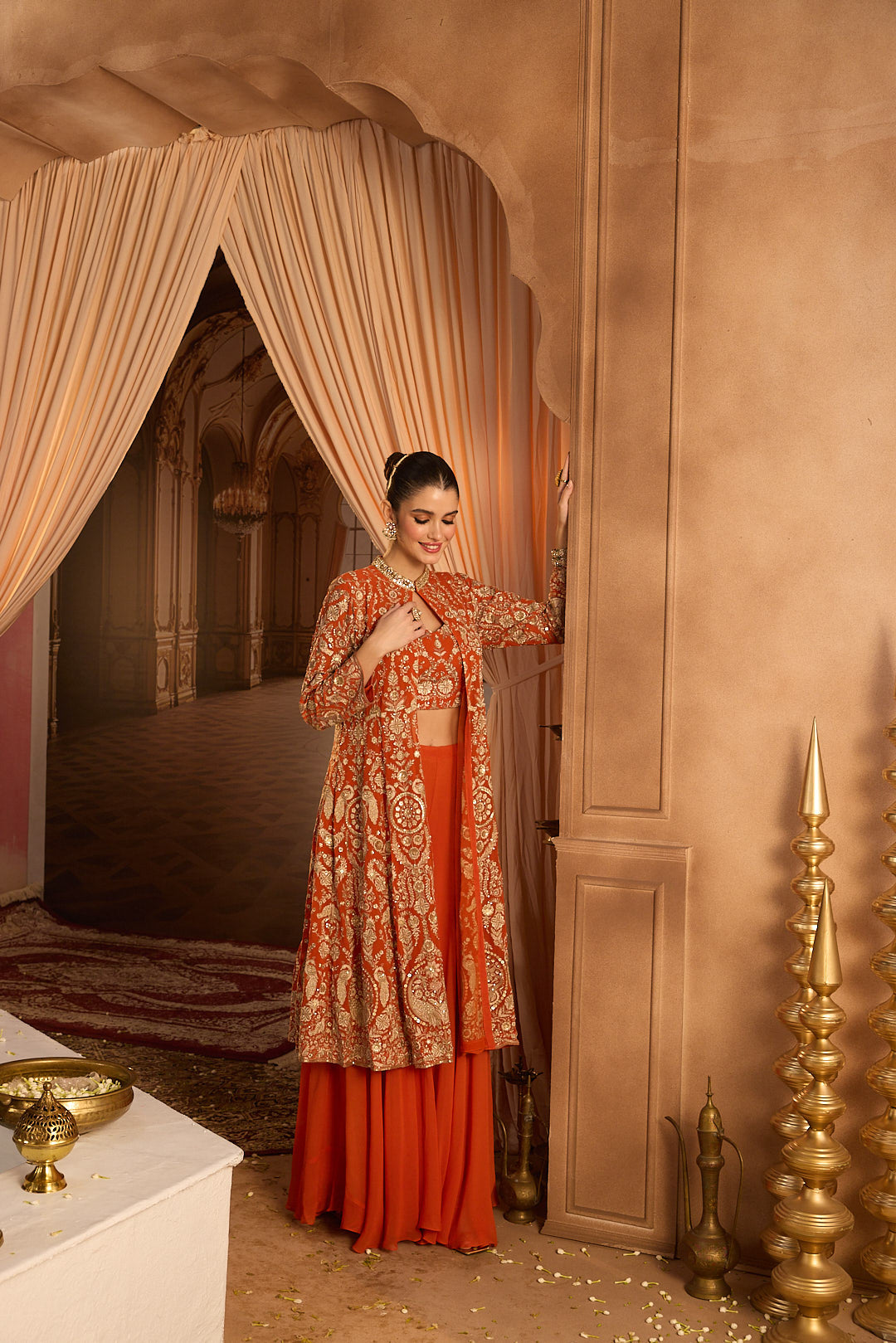 Neerus Orange georgette embroidered co-ord set - back view