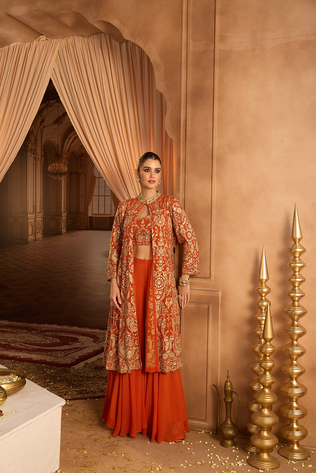 Neerus Orange georgette embroidered co-ord set - side view