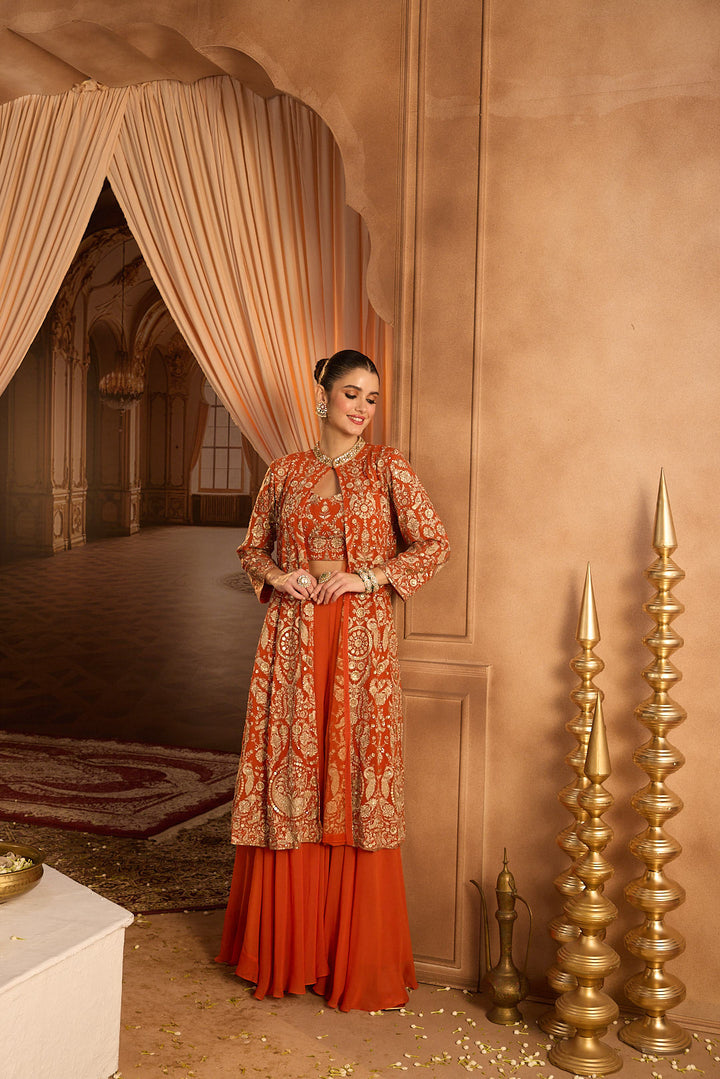 Neerus Orange georgette embroidered co-ord set - detail view 1