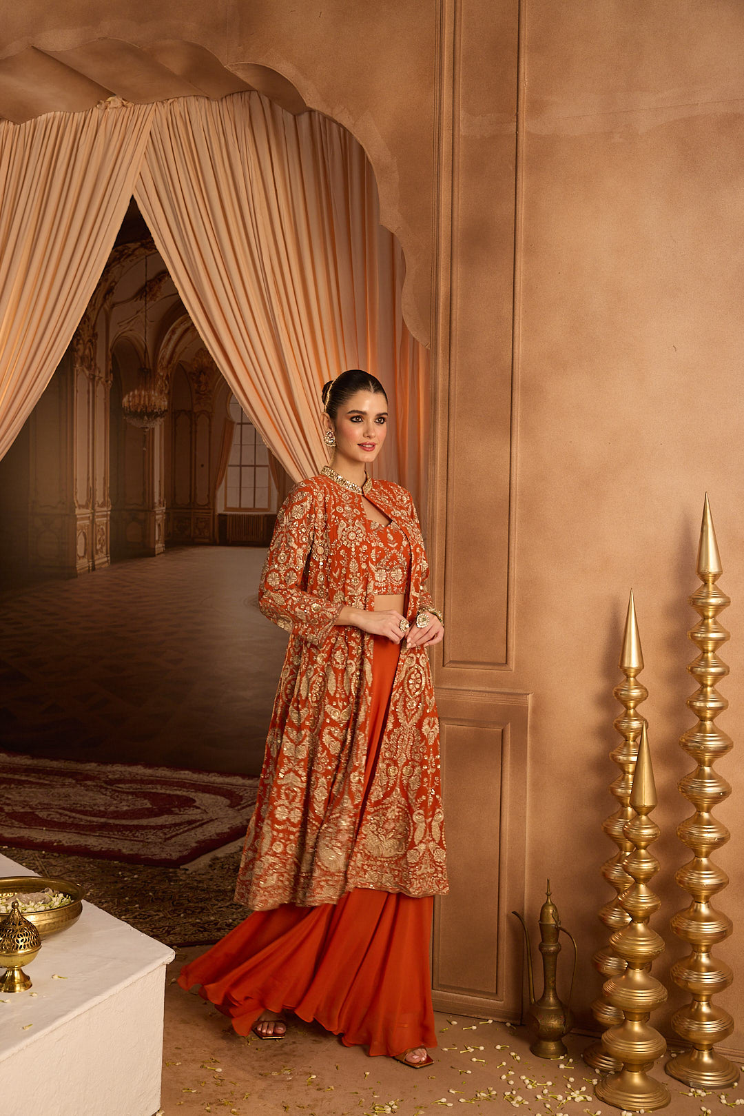 Neerus Orange georgette embroidered co-ord set - detail view 2