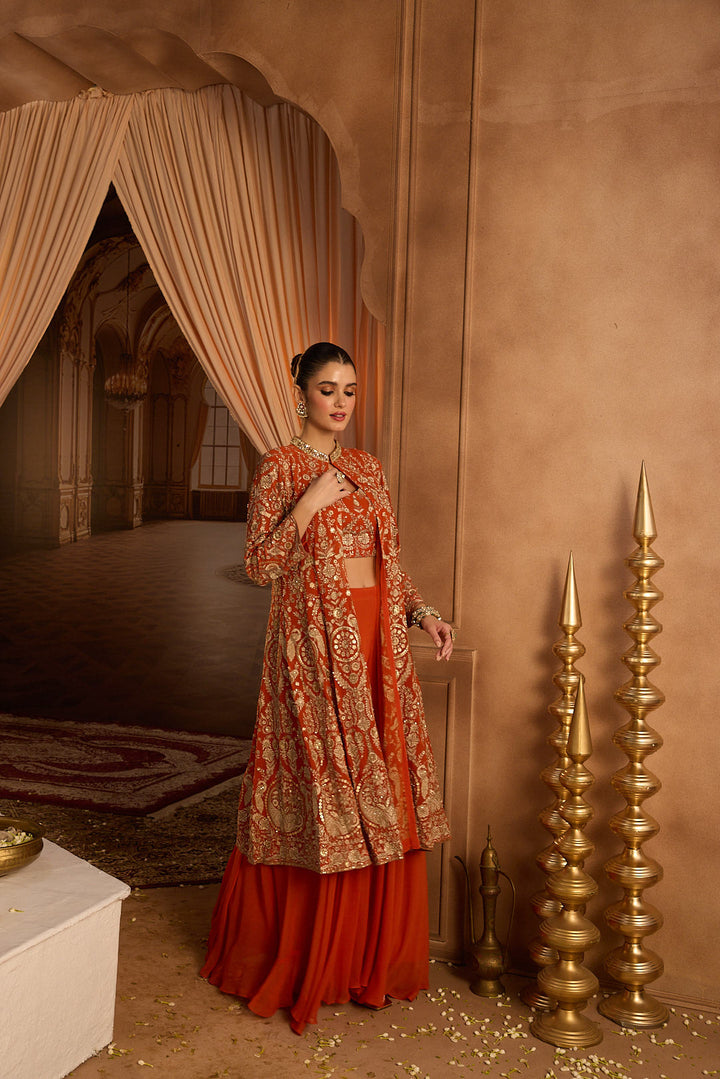 Neerus Orange georgette embroidered co-ord set - detail view 3