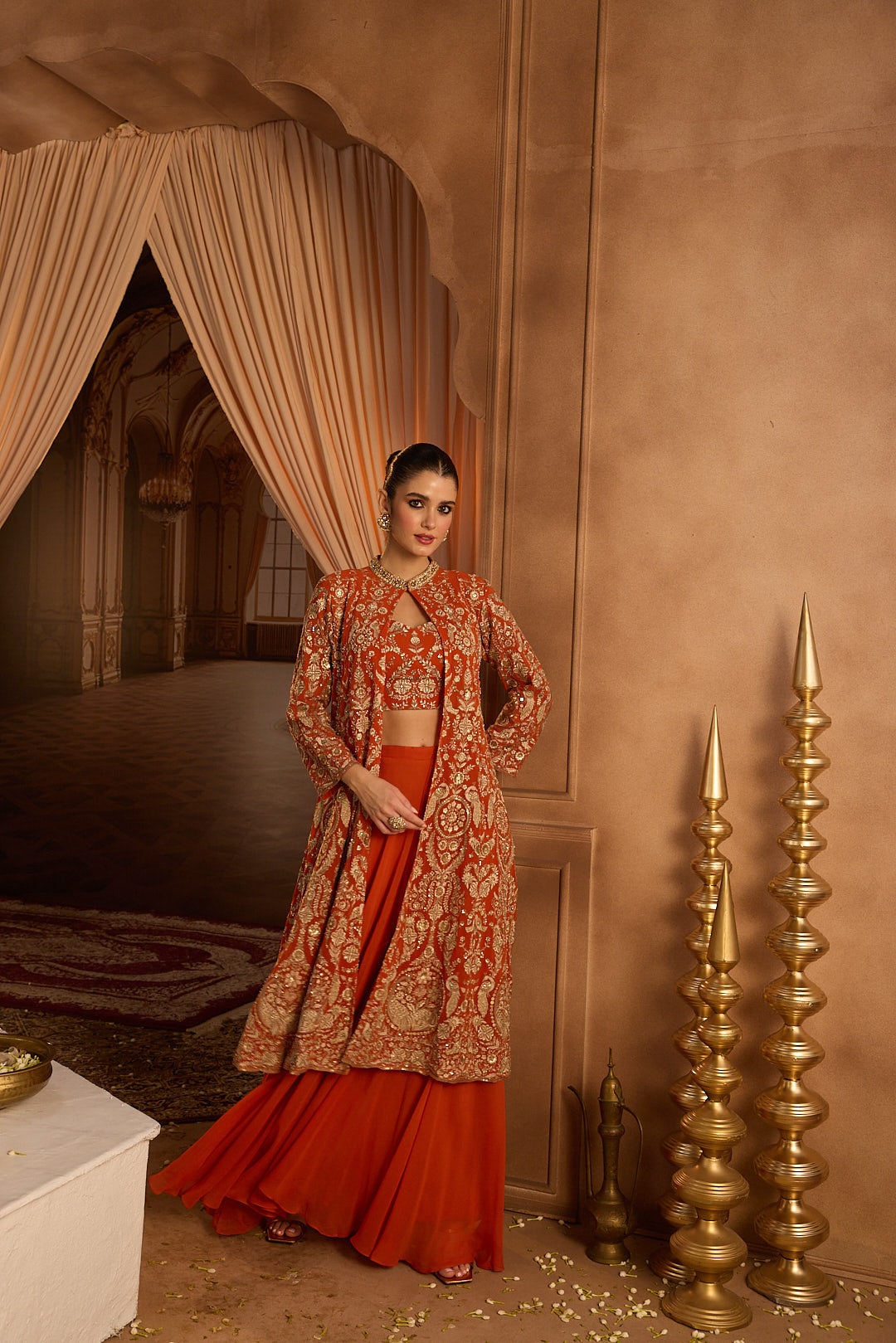 Neerus Orange georgette embroidered co-ord set - detail view 4