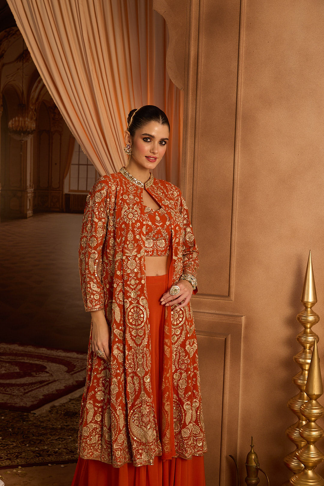 Neerus Orange georgette embroidered co-ord set - detail view 5