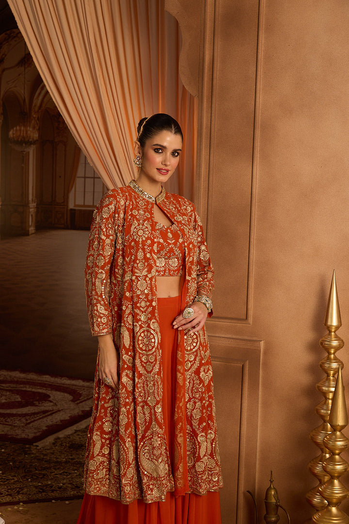 Neerus Orange georgette embroidered co-ord set - detail view 5