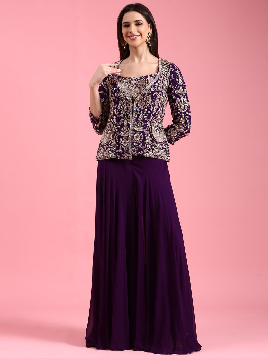 Neerus Purple Georgette Embroidered Jacket Suit Set - front view