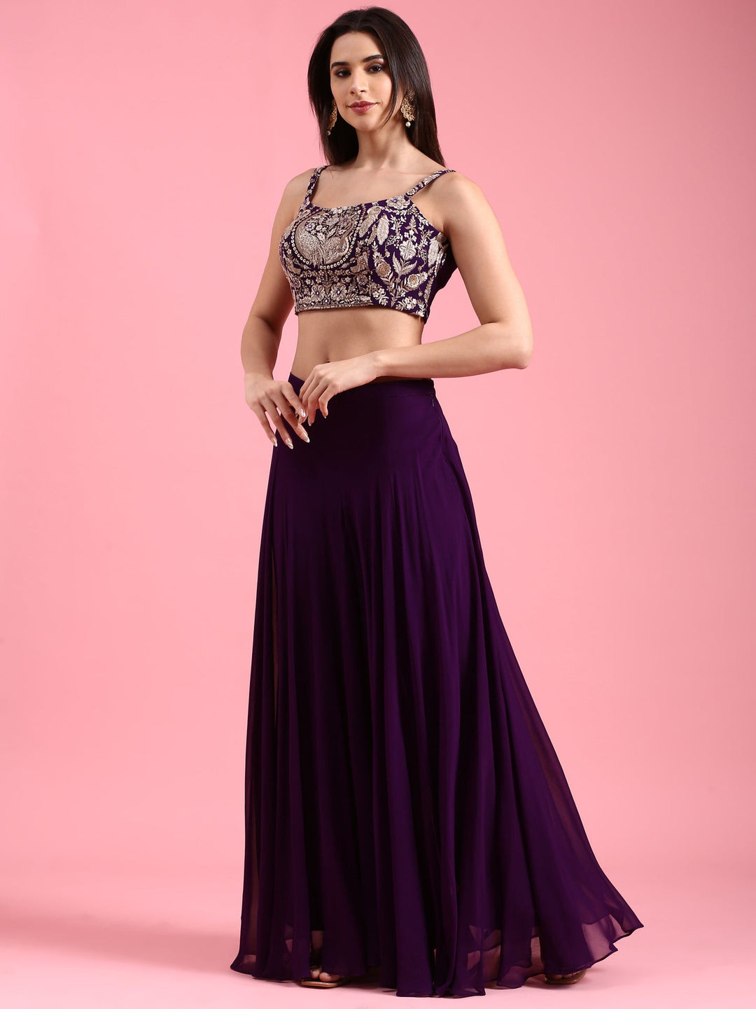 Neerus Purple Georgette Embroidered Jacket Suit Set - back view
