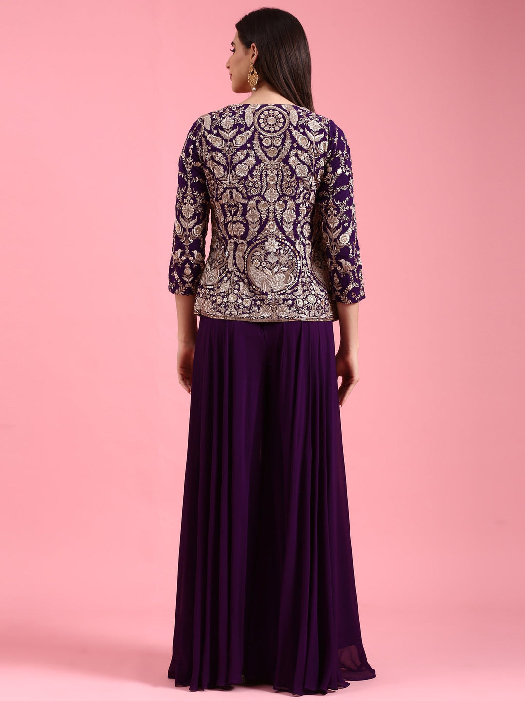 Neerus Purple Georgette Embroidered Jacket Suit Set - side view