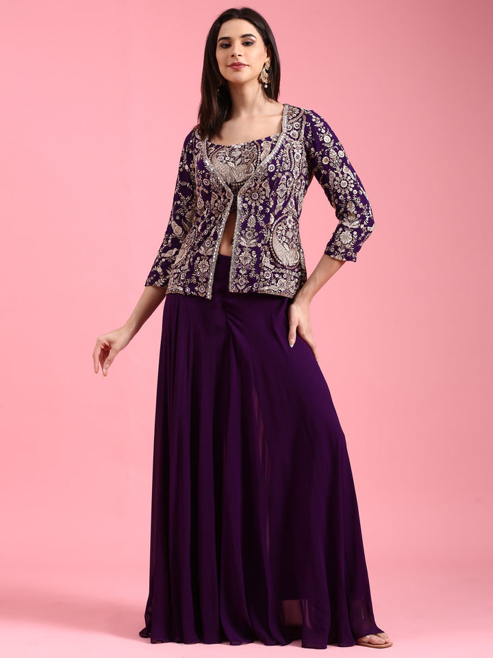 Neerus Purple Georgette Embroidered Jacket Suit Set - detail view 4