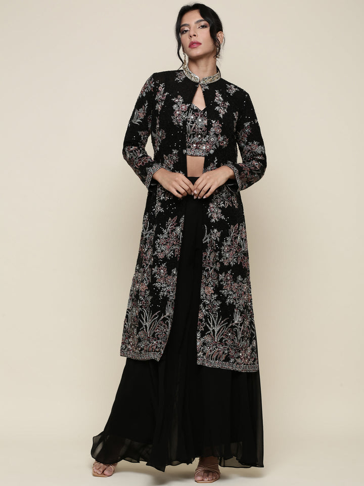 Neerus Black georgette embroidered co-ord set crop top jacket palazzo - front view
