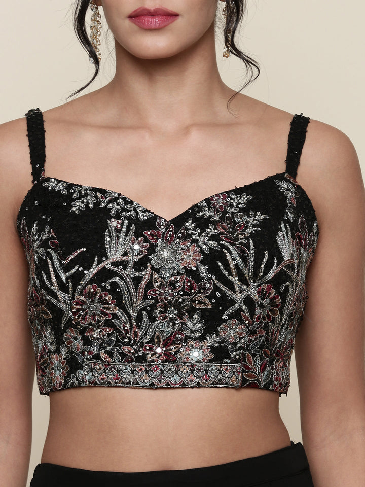 Neerus Black georgette embroidered co-ord set crop top jacket palazzo - detail view 1
