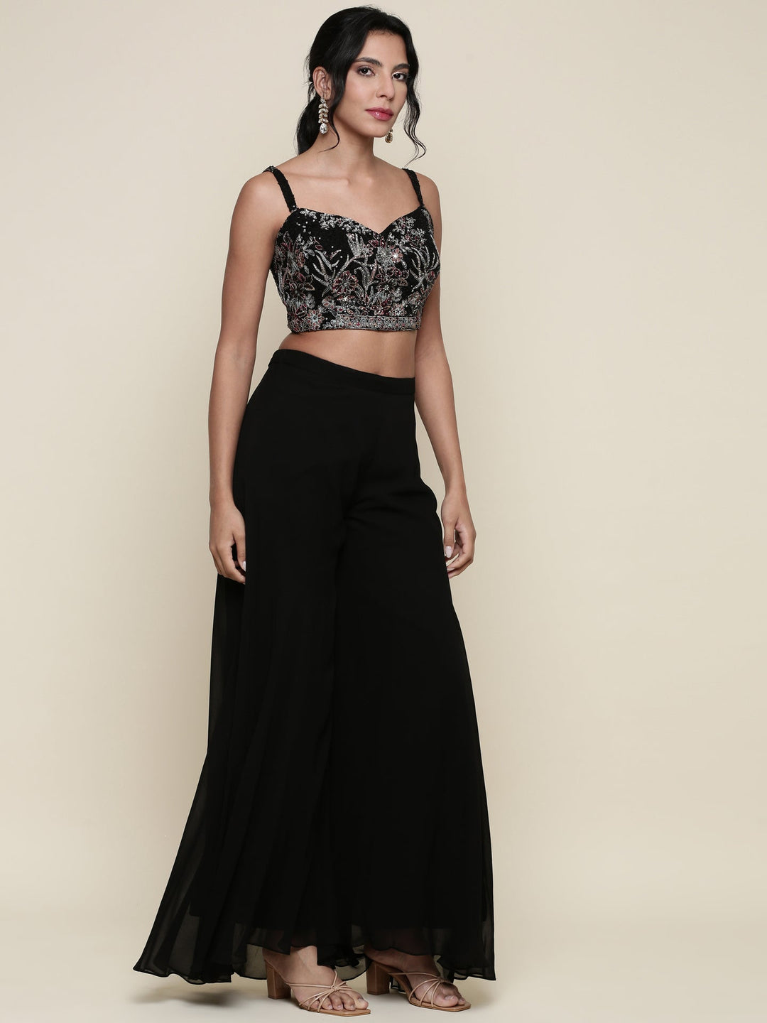 Neerus Black georgette embroidered co-ord set crop top jacket palazzo - back view
