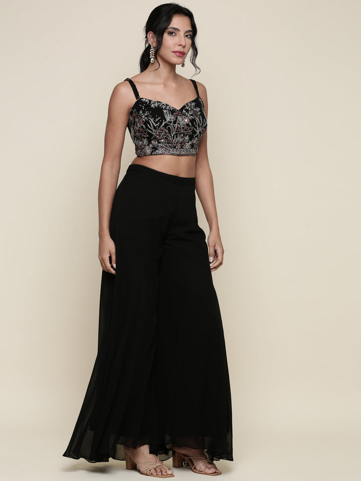 Neerus Black georgette embroidered co-ord set crop top jacket palazzo - back view