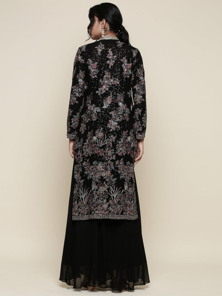 Neerus Black georgette embroidered co-ord set crop top jacket palazzo - side view