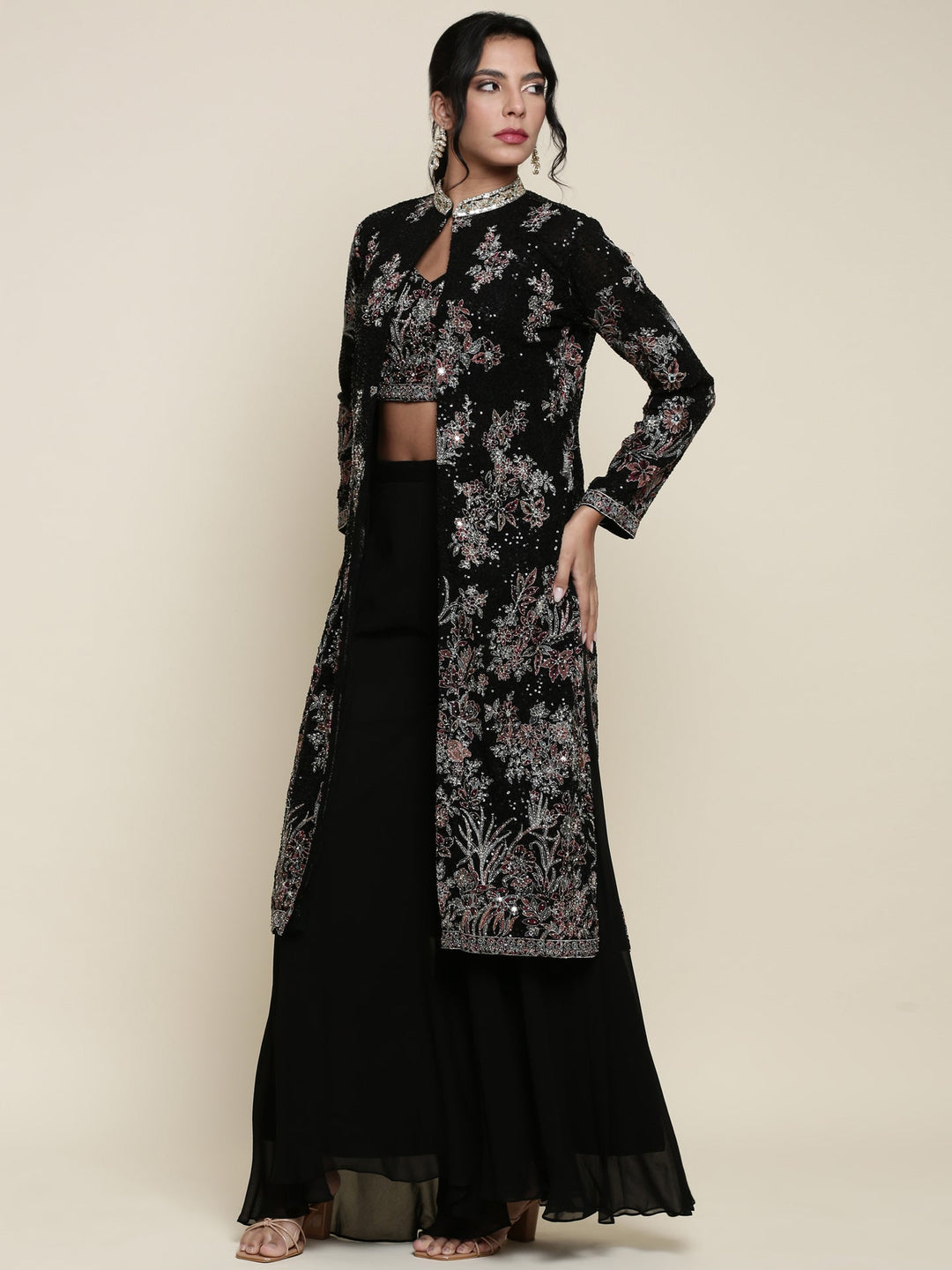 Neerus Black georgette embroidered co-ord set crop top jacket palazzo - detail view 2