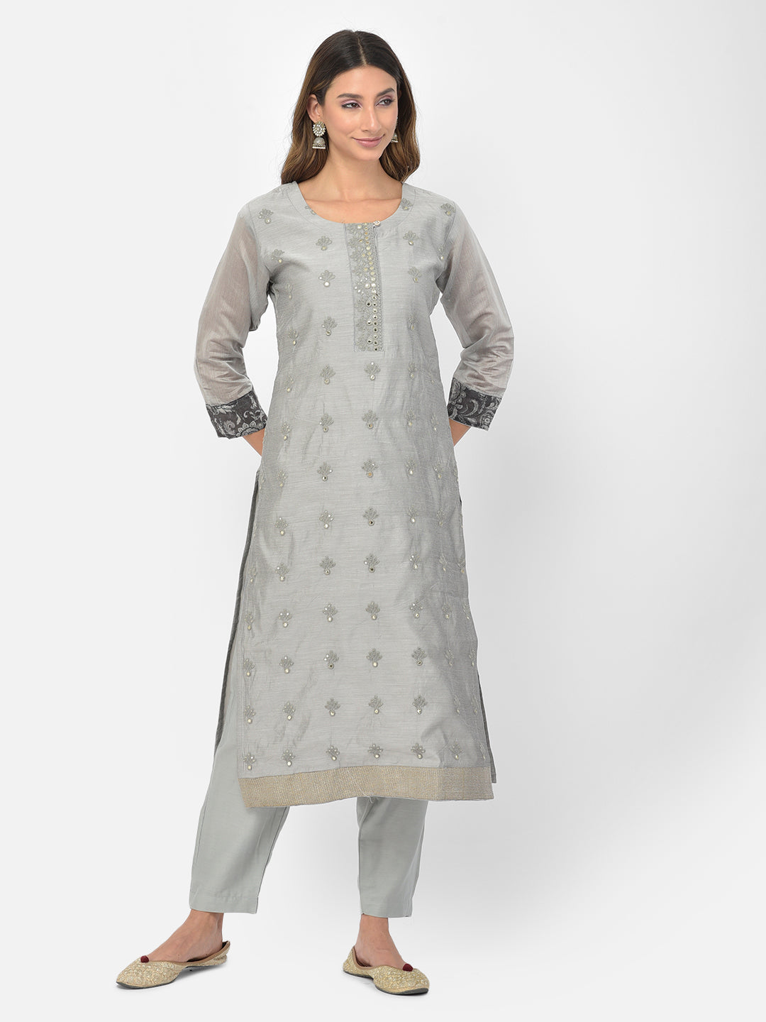 Neerus Grey Chanderi embellished kurta set - front view