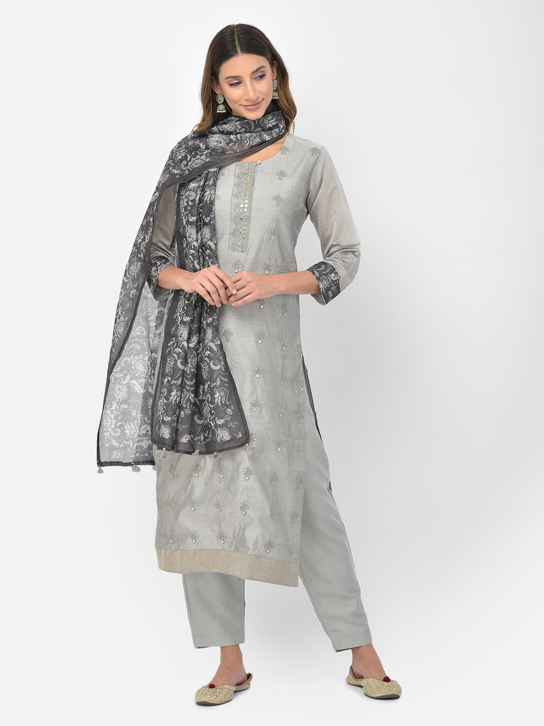 Neerus Grey Chanderi embellished kurta set - detail view 1