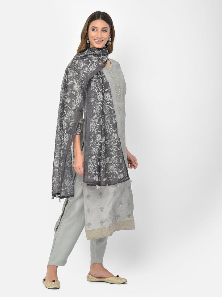Neerus Grey Chanderi embellished kurta set - detail view 8