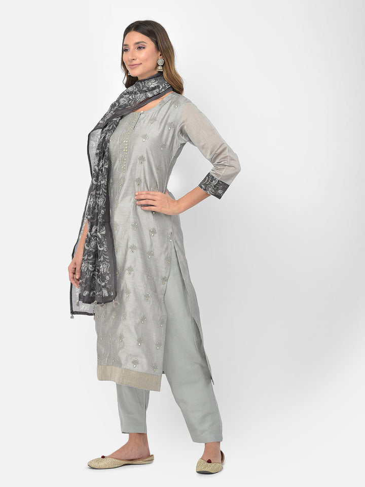 Neerus Grey Chanderi embellished kurta set - detail view 3