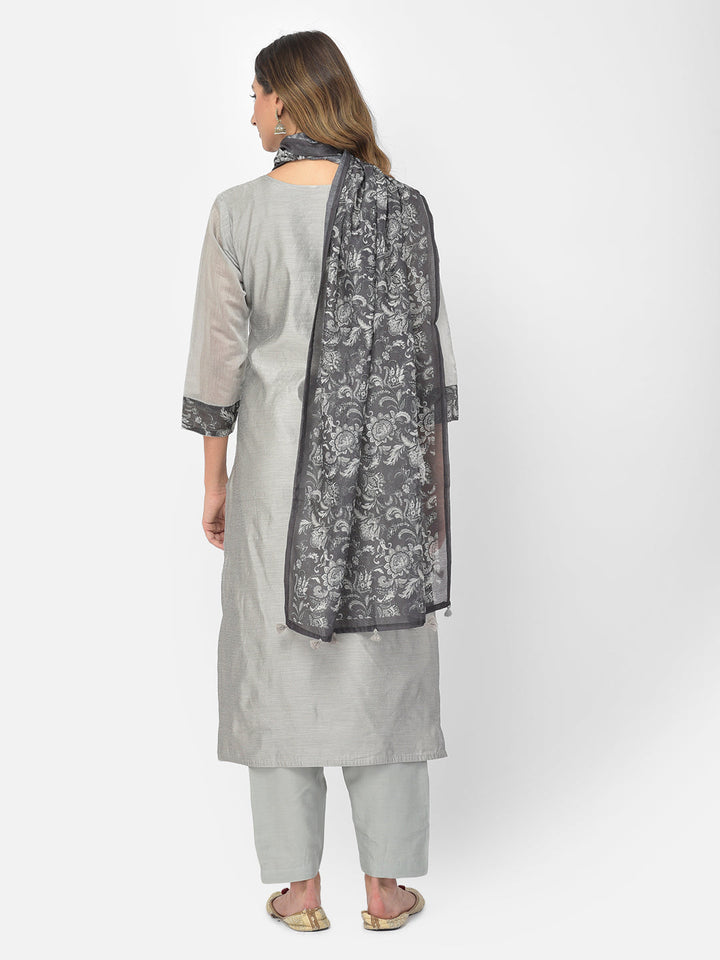 Neerus Grey Chanderi embellished kurta set - detail view 10