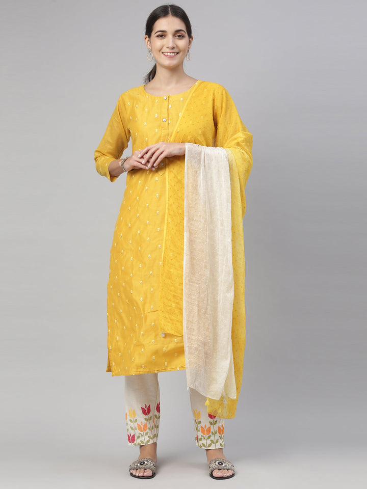 Neerus Yellow Chanderi printed kurta set - front view