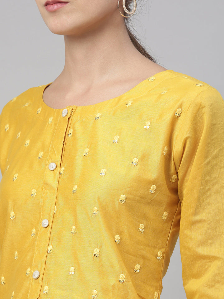 Neerus Yellow Chanderi printed kurta set - detail view 6