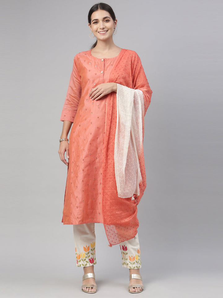 Neerus Red Chanderi printed kurta set - front view
