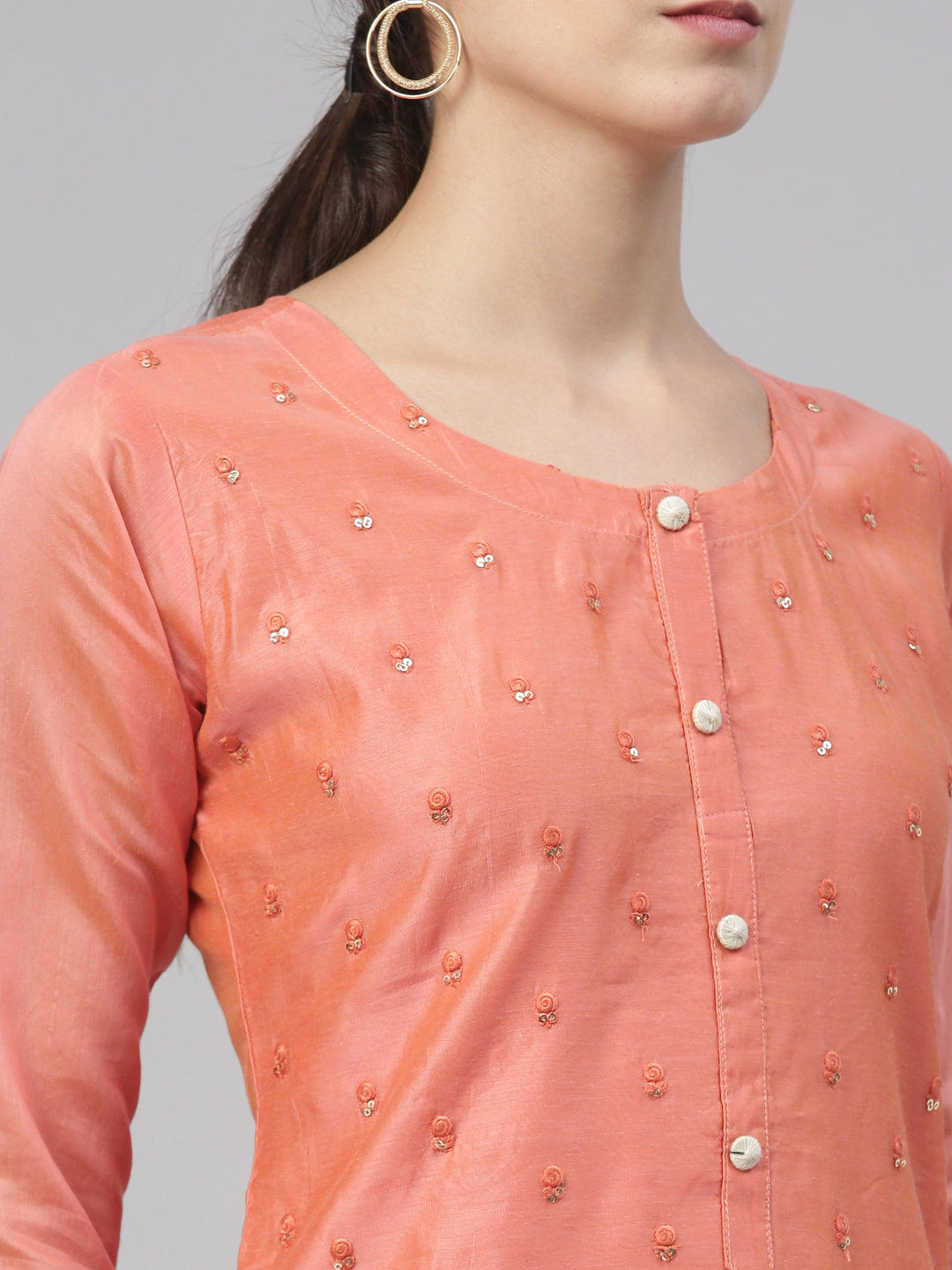 Neerus Red Chanderi printed kurta set - detail view 7