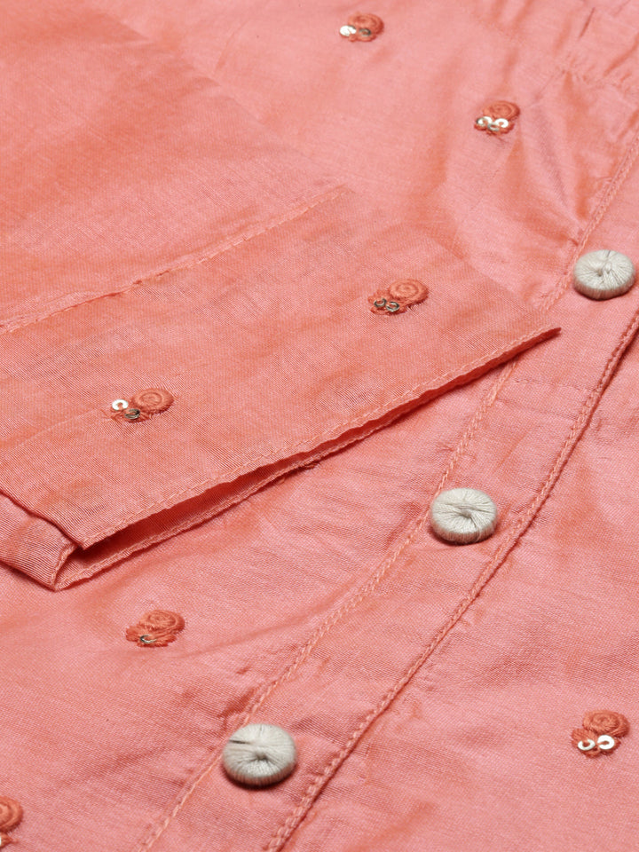 Neerus Red Chanderi printed kurta set - detail view 4