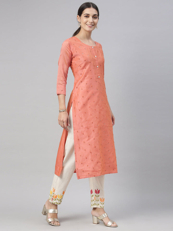 Neerus Red Chanderi printed kurta set - side view