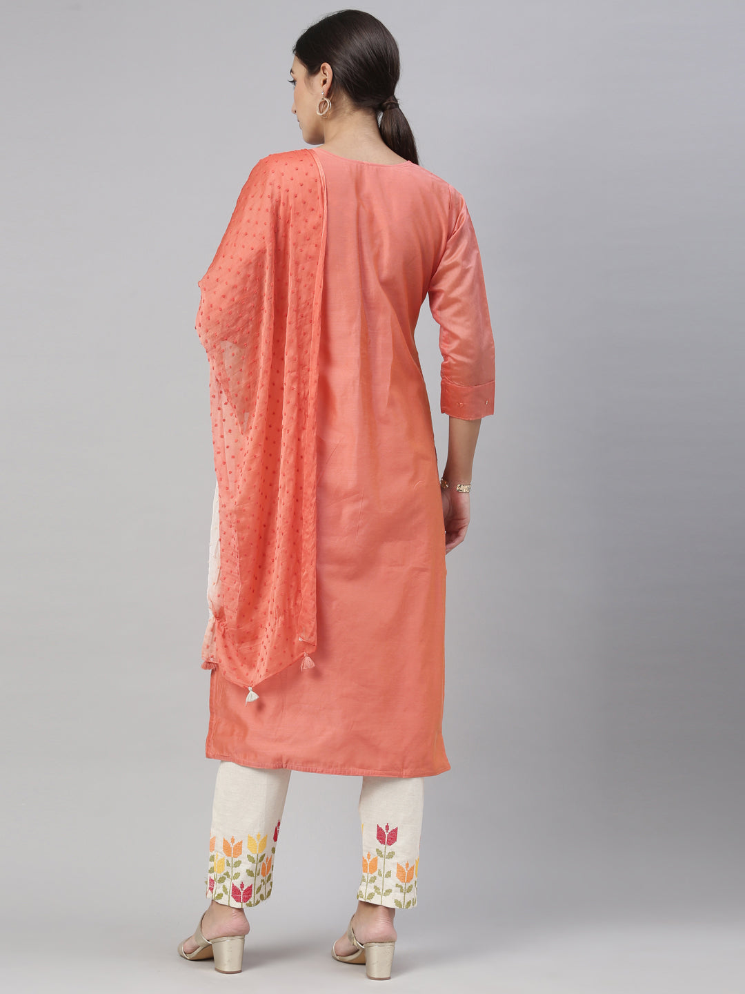 Neerus Red Chanderi printed kurta set - detail view 1