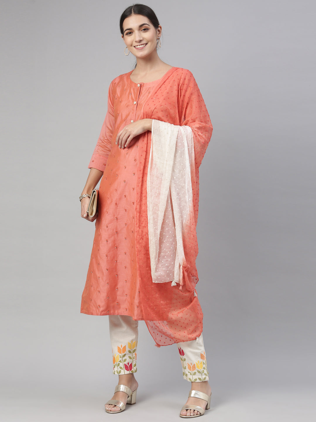 Neerus Red Chanderi printed kurta set - detail view 2
