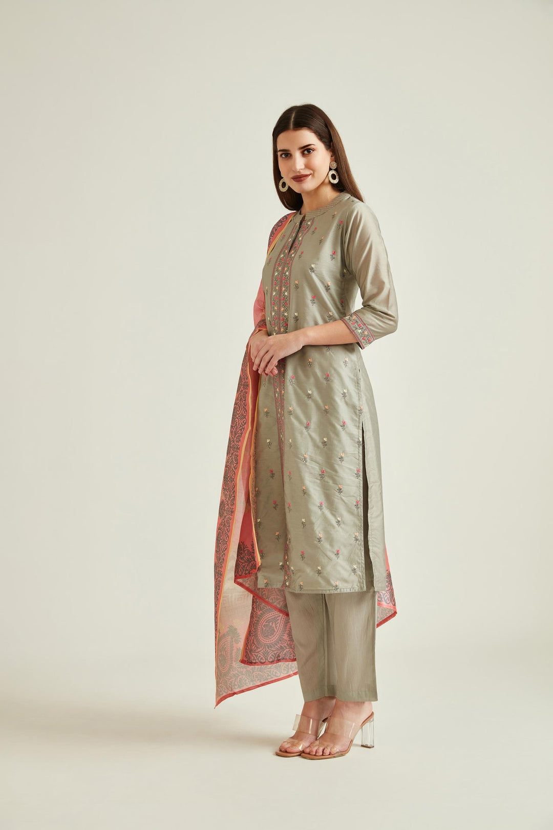 Neerus Grey Chanderi embroidered kurta set - front view