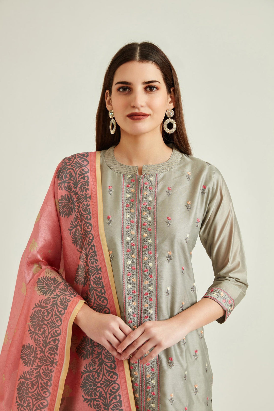 Neerus Grey Chanderi embroidered kurta set - side view