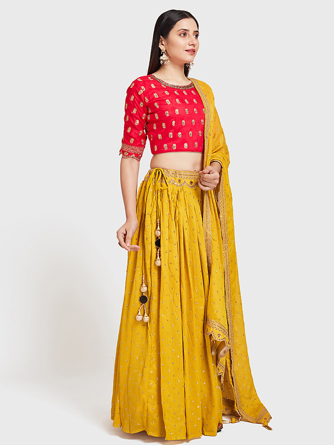 Neerus Yellow Georgette Embellished Lehenga Ghagra Set - front view