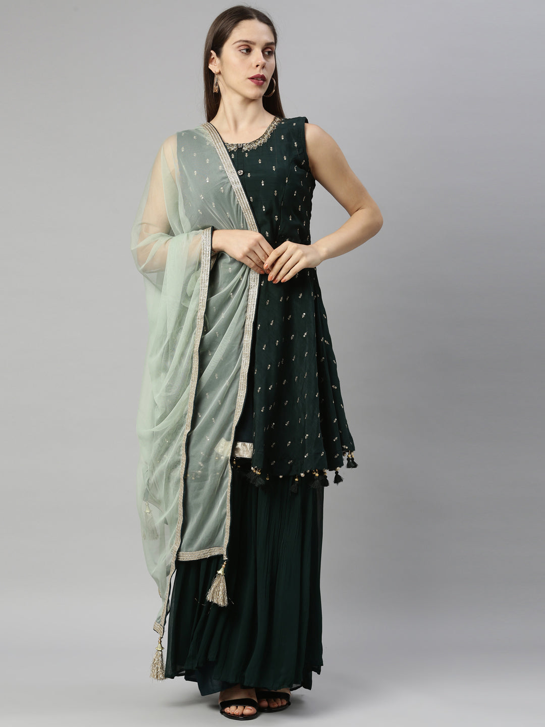 Neerus Green silk embroidered anarkali suit set - front view