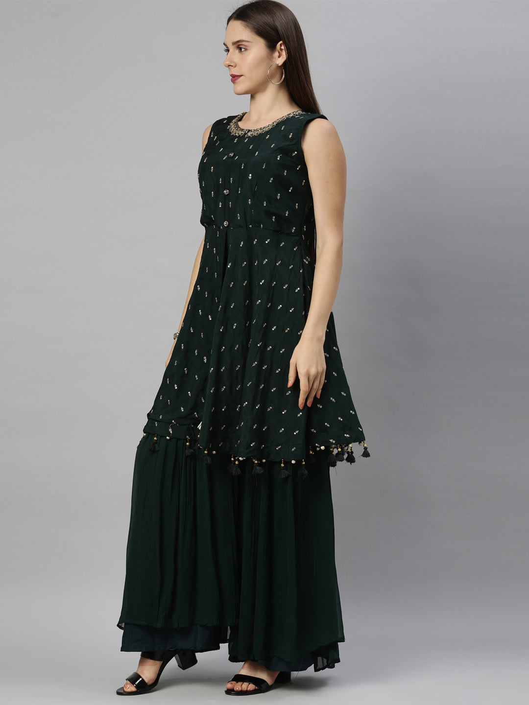 Neerus Green silk embroidered anarkali suit set - side view