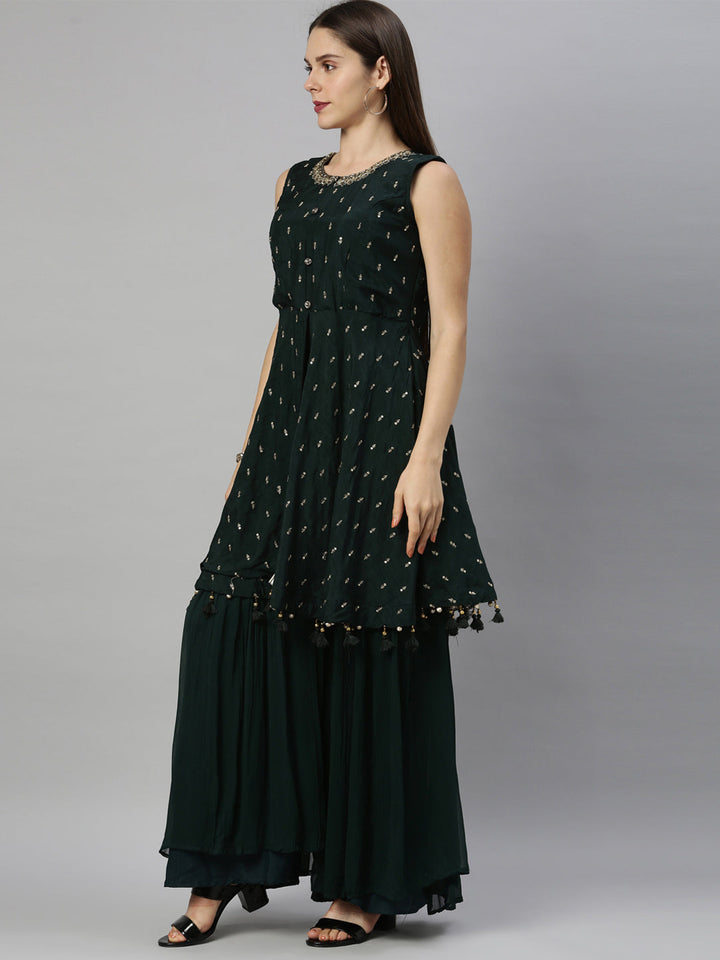 Neerus Green silk embroidered anarkali suit set - side view