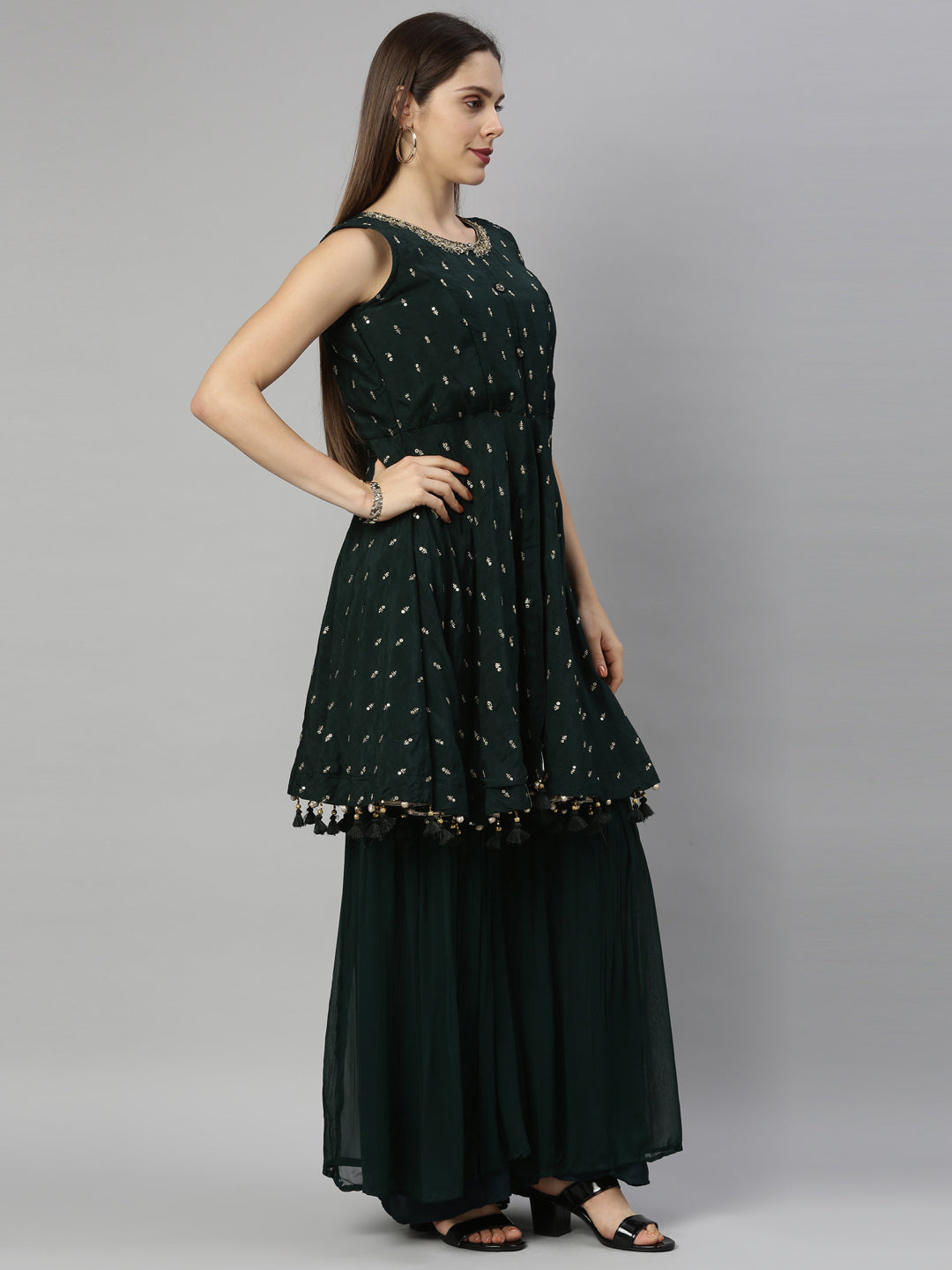 Neerus Green silk embroidered anarkali suit set - detail view 1
