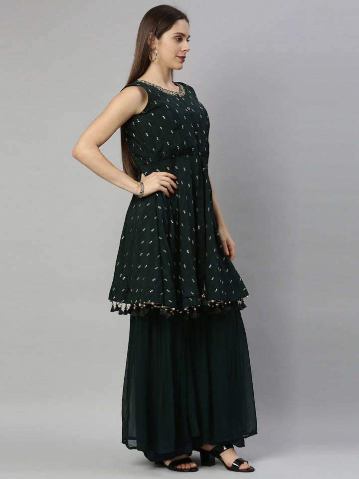 Neerus Green silk embroidered anarkali suit set - detail view 1